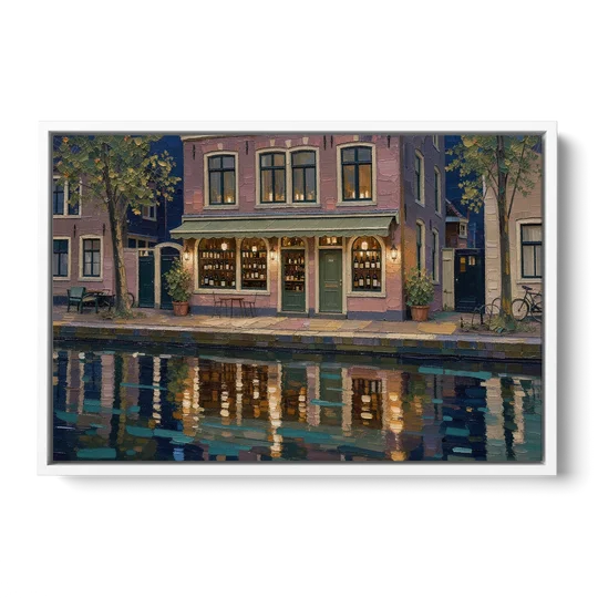 Canal Wine Bar at Night for the Home Bar - White Framed Canvas Wall Art - Front