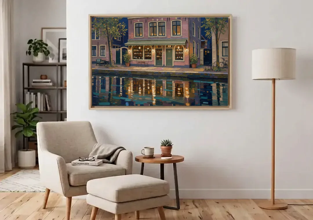 Canal Wine Bar at Night for the Home Bar canvas wall art above an armchair in a bright living room