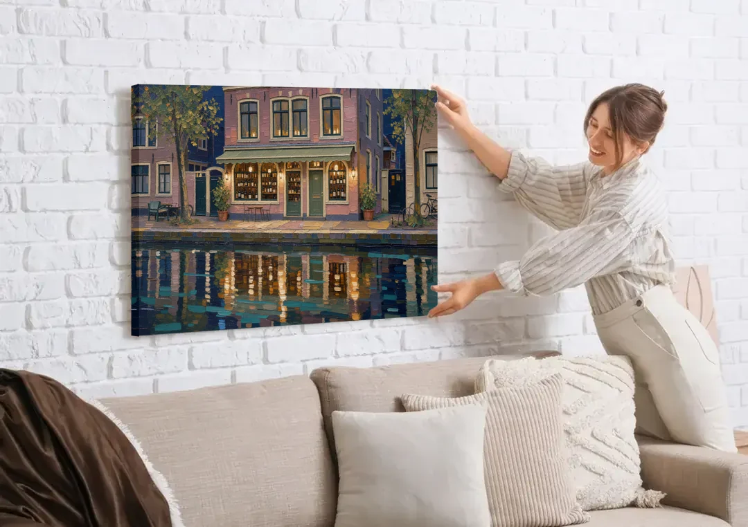 Canal Wine Bar at Night for the Home Bar canvas wall art being hung on a white brick wall above a sofa