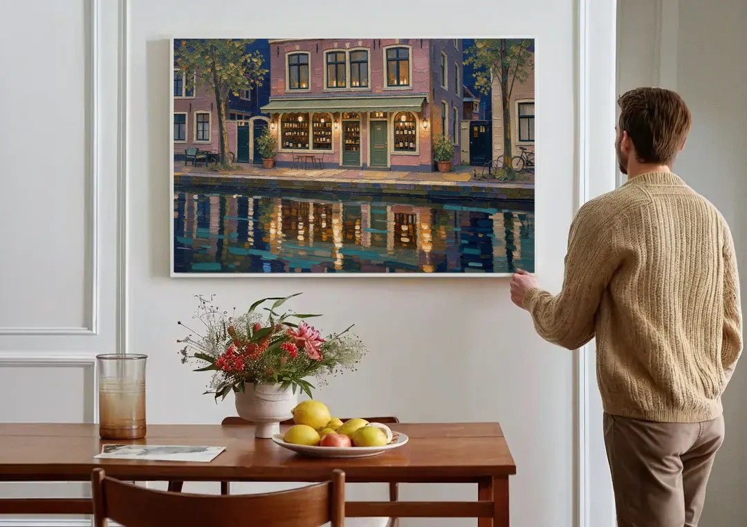 Canal Wine Bar at Night for the Home Bar canvas wall art above a dining table