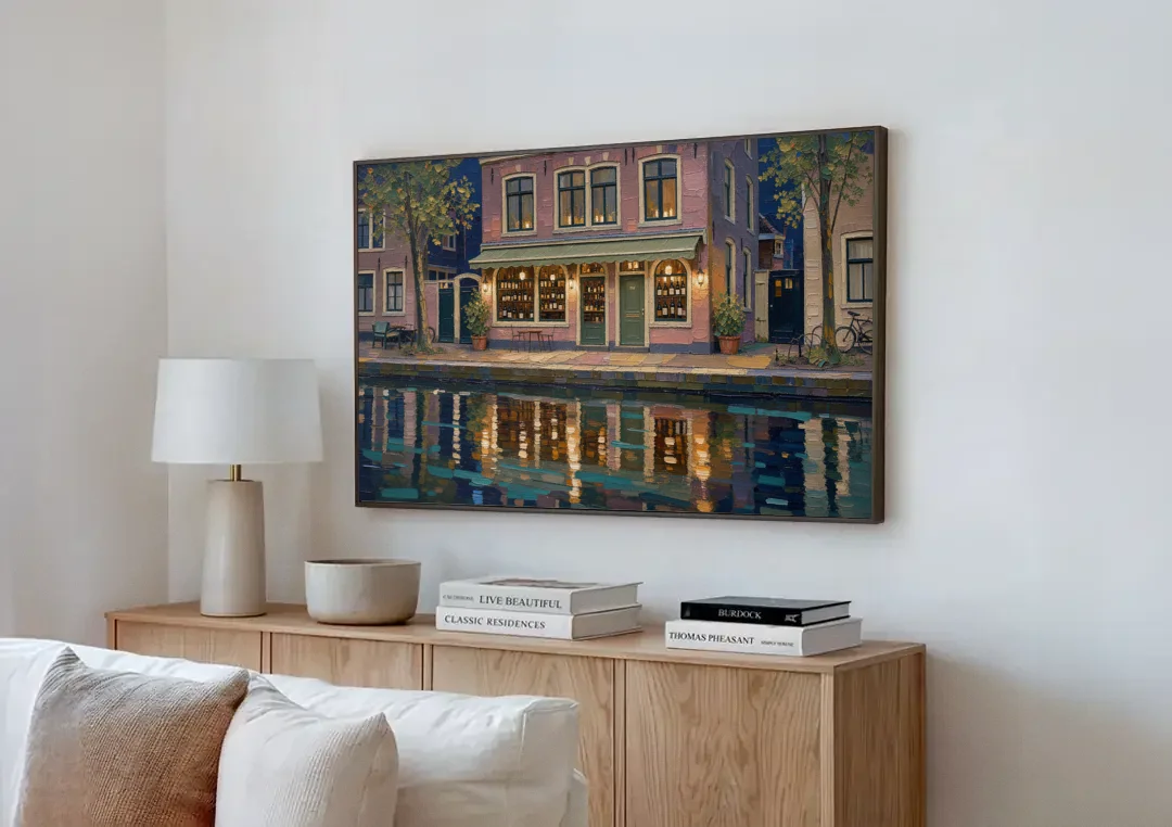 Canal Wine Bar at Night for the Home Bar canvas wall art above a wooden sideboard next to a sofa