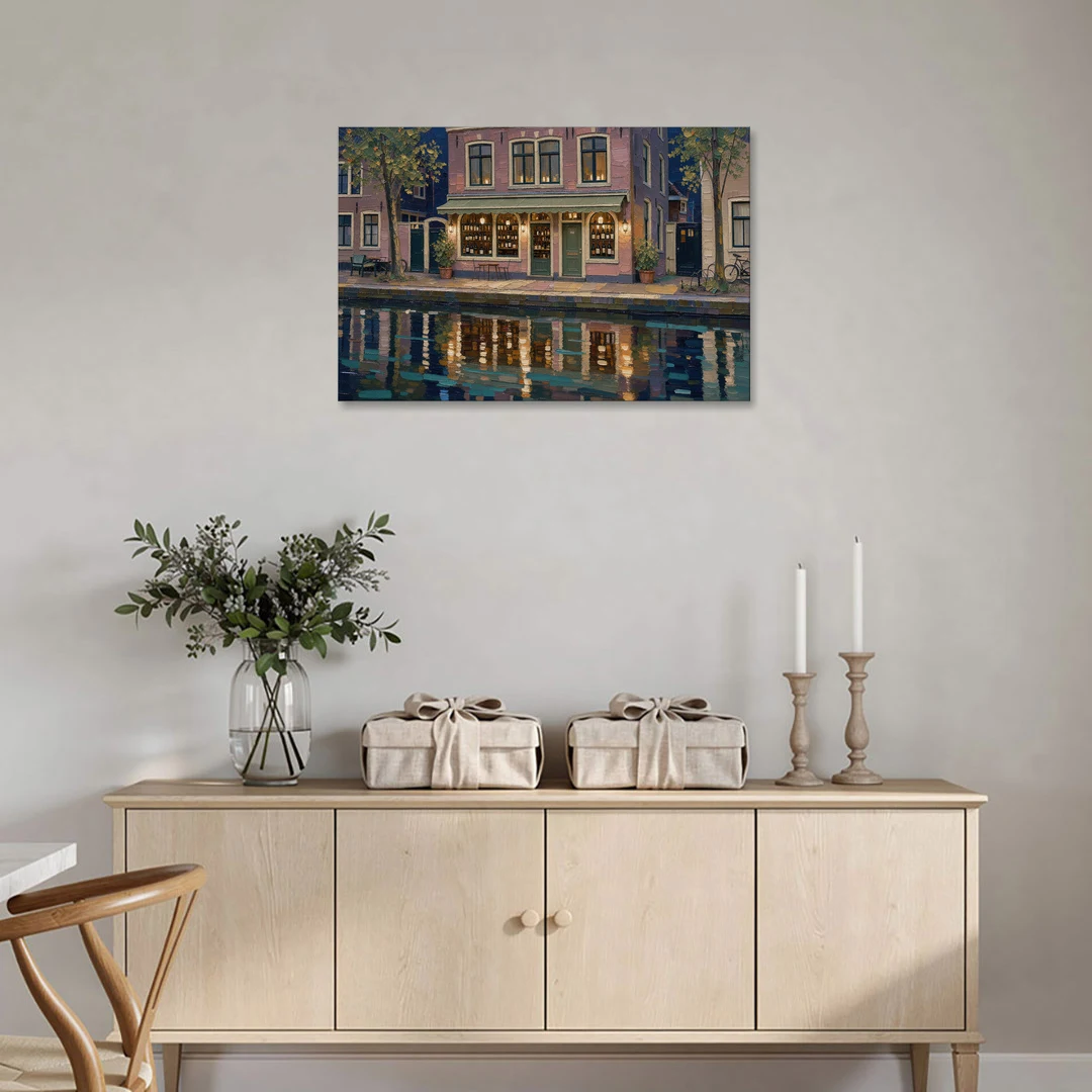 Canal Wine Bar at Night for the Home Bar - Canvas Wall Art - Coffee Table - 36x24