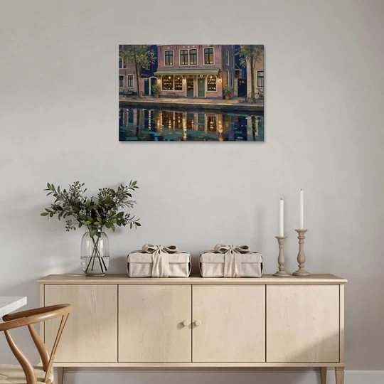 Canal Wine Bar at Night for the Home Bar - Canvas Wall Art - Coffee Table - 36x24