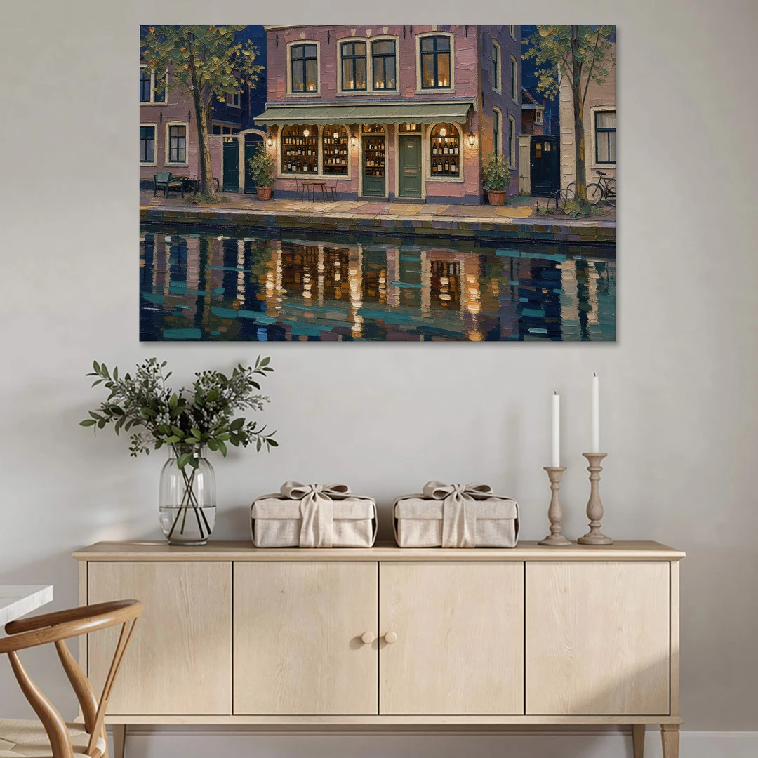 Canal Wine Bar at Night for the Home Bar - Canvas Wall Art - Coffee Table - 60x40