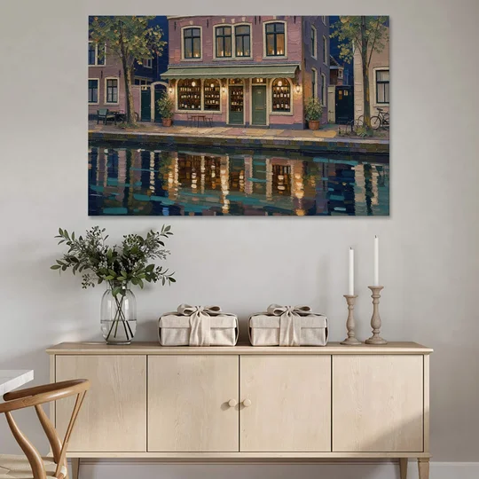 Canal Wine Bar at Night for the Home Bar - Canvas Wall Art - Coffee Table - 60x40