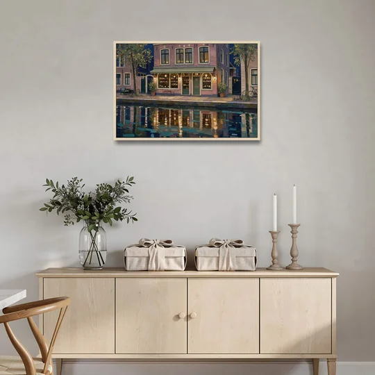 Canal Wine Bar at Night for the Home Bar - Oak Framed Canvas Wall Art - Coffee Table - 36x24