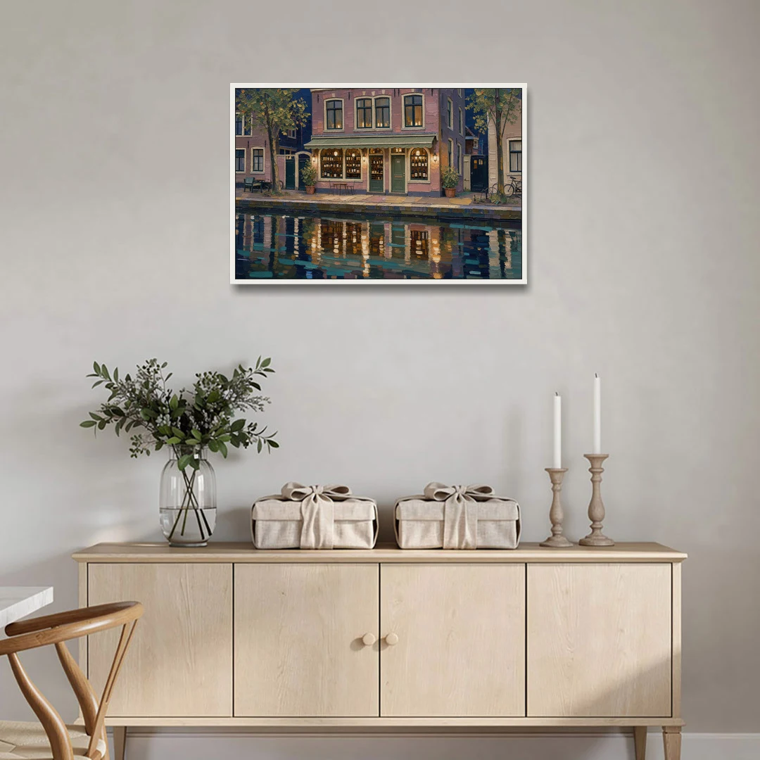 Canal Wine Bar at Night for the Home Bar - White Framed Canvas Wall Art - Coffee Table - 36x24