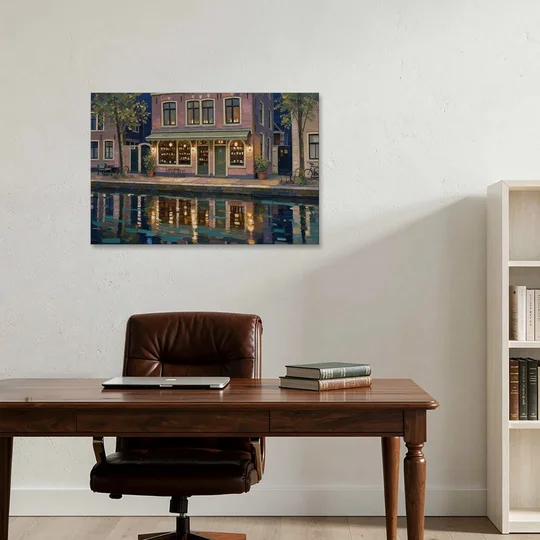 Canal Wine Bar at Night for the Home Bar - Canvas Wall Art - Office - 36x24