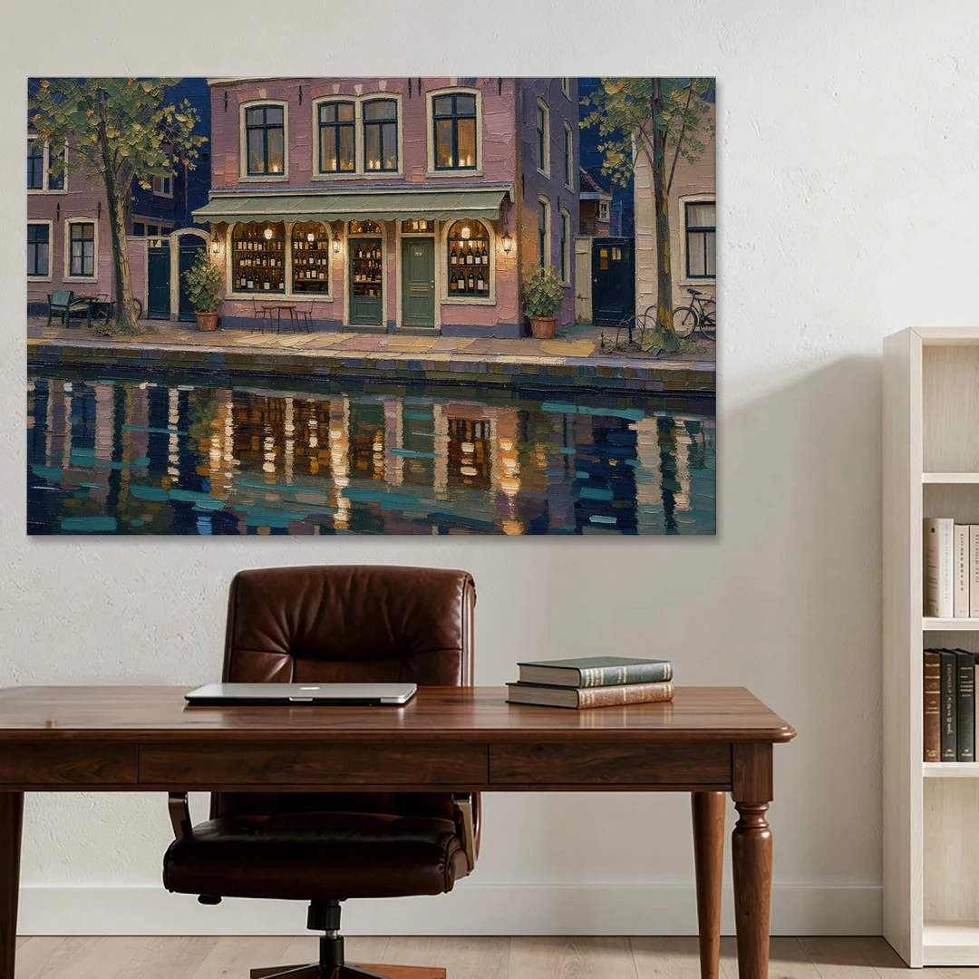 Canal Wine Bar at Night for the Home Bar - Canvas Wall Art - Office - 60x40