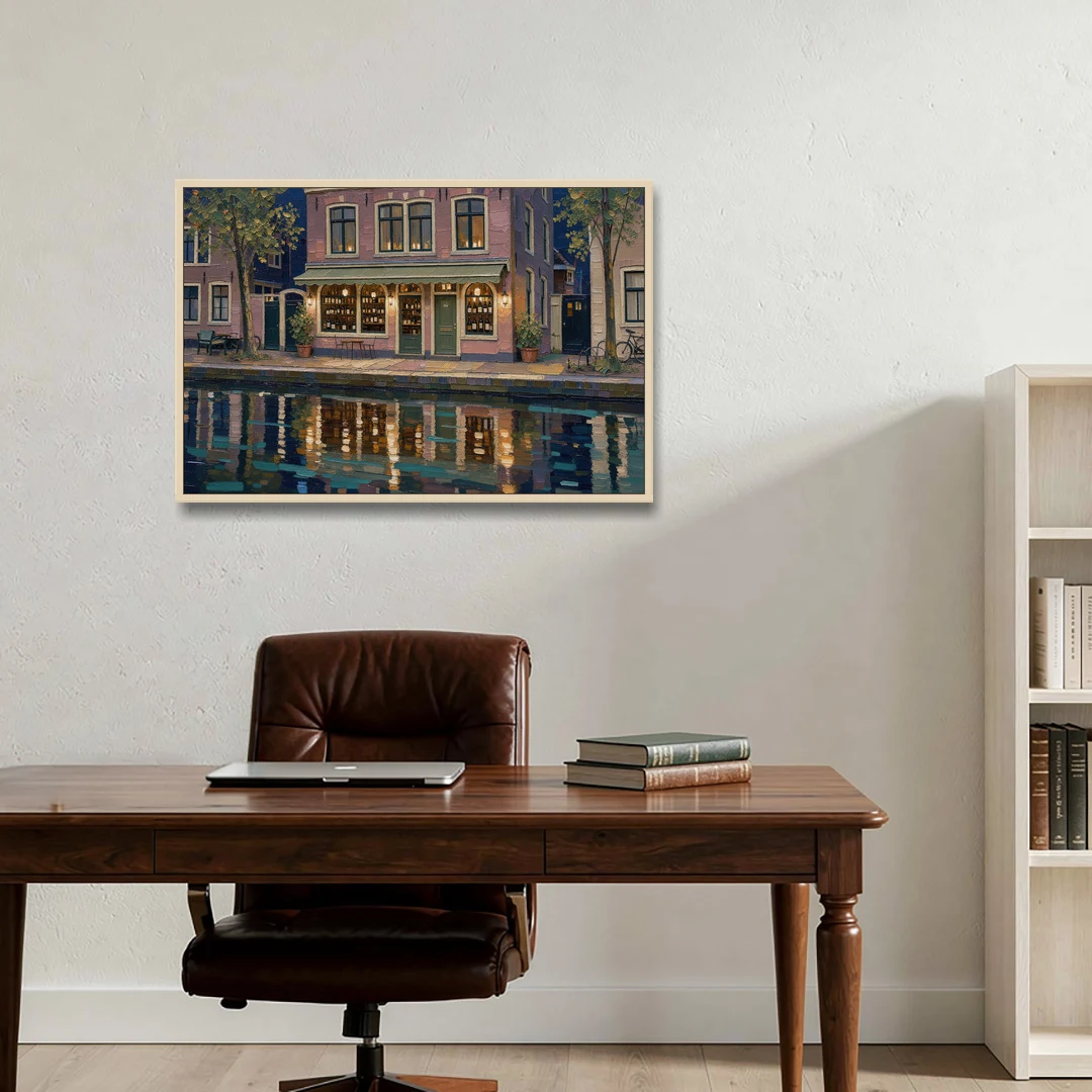 Canal Wine Bar at Night for the Home Bar - Oak Framed Canvas Wall Art - Office - 36x24