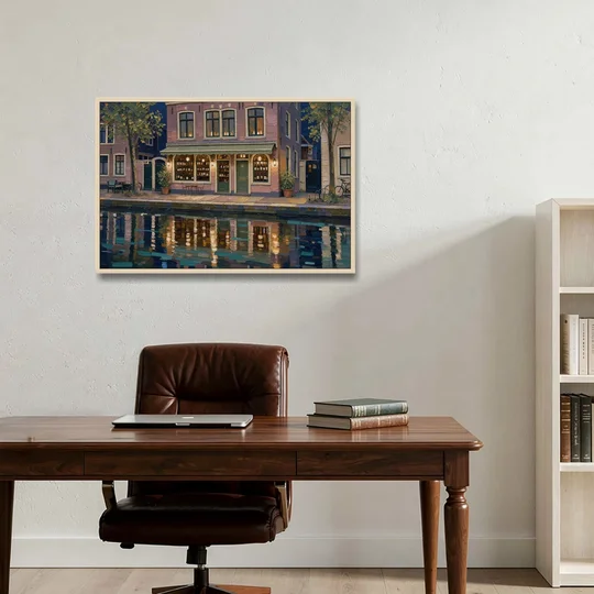Canal Wine Bar at Night for the Home Bar - Oak Framed Canvas Wall Art - Office - 36x24