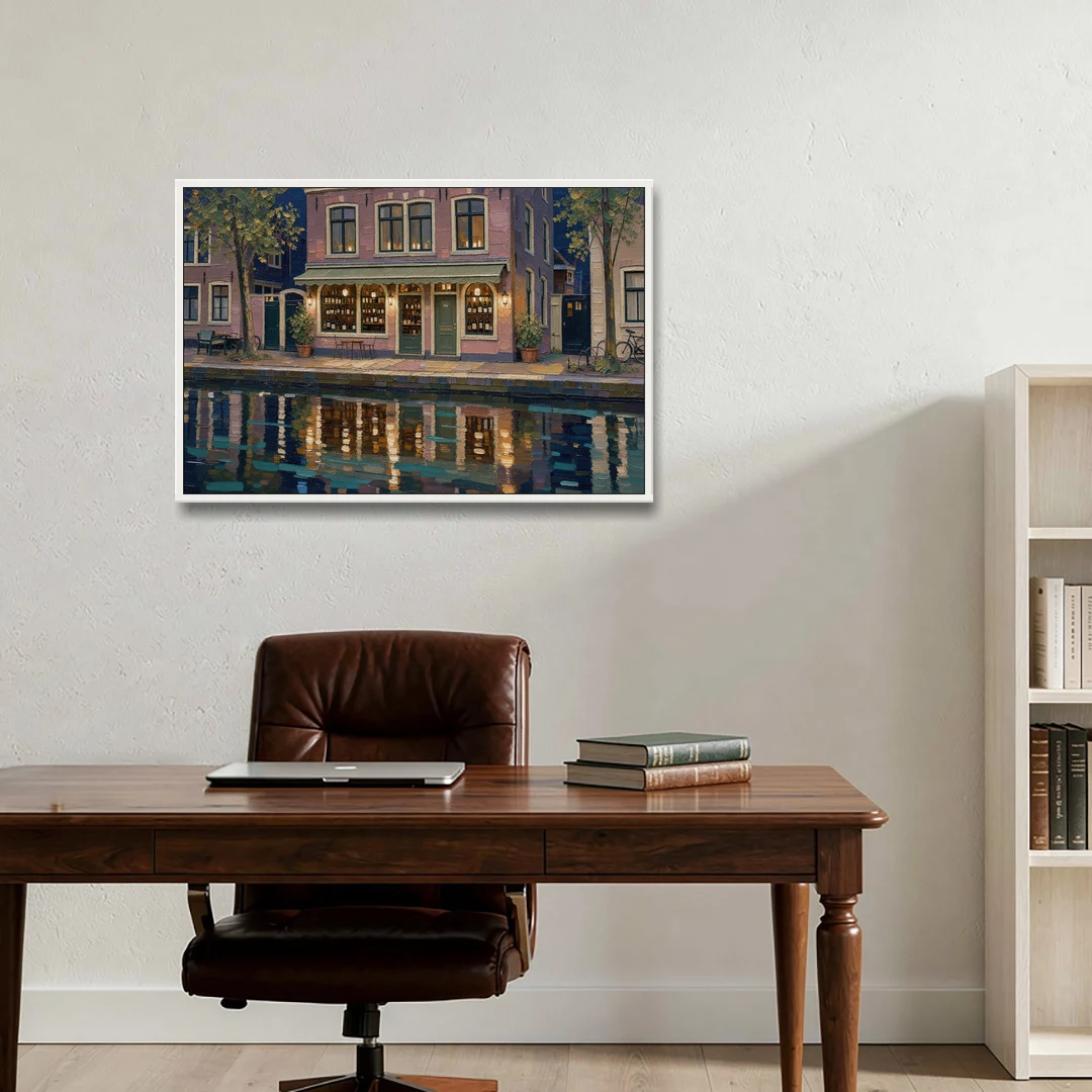 Canal Wine Bar at Night for the Home Bar - White Framed Canvas Wall Art - Office - 36x24