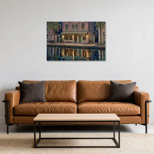Canal Wine Bar at Night for the Home Bar - Canvas Wall Art - Sofa - 36x24