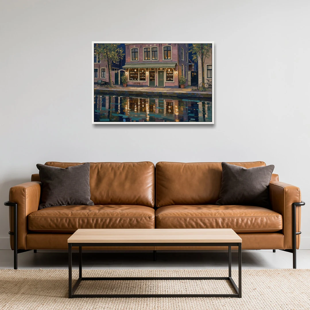 Canal Wine Bar at Night for the Home Bar - White Framed Canvas Wall Art - Sofa - 36x24