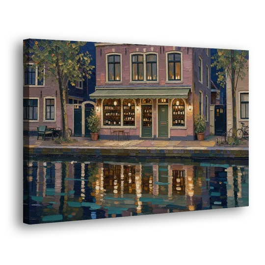 Canal Wine Bar at Night for the Home Bar - Canvas Wall Art - Side