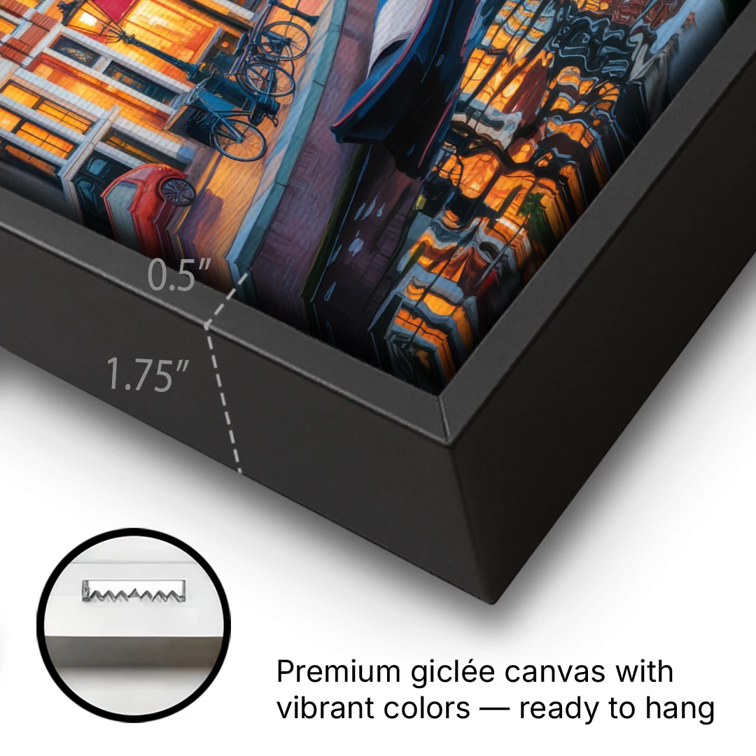 Canals of Amsterdam - Black Framed Canvas Wall Art - Gallery Wrap Corner