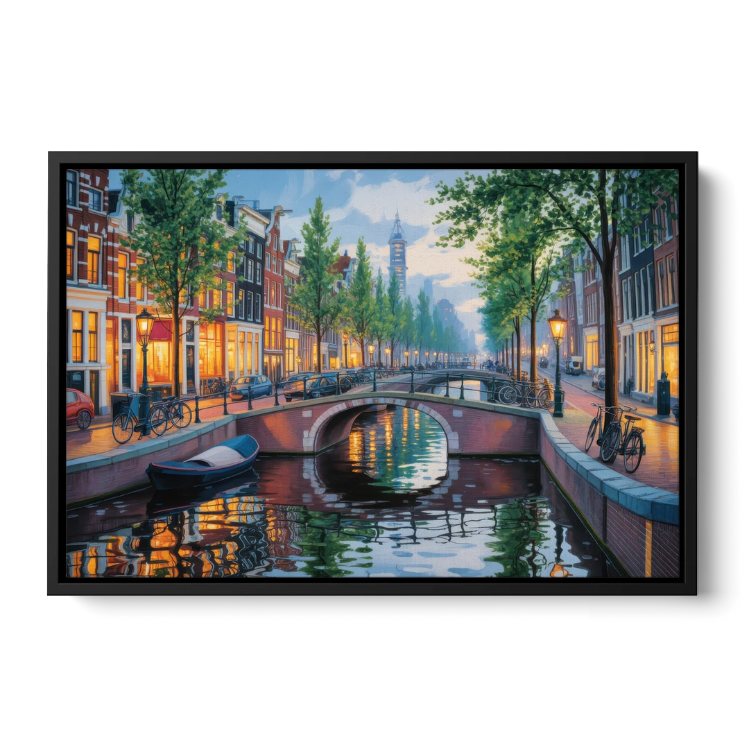 Canals of Amsterdam - Black Framed Canvas Wall Art - Front