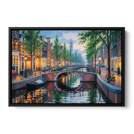 Canals of Amsterdam - Black Framed Canvas Wall Art - Front