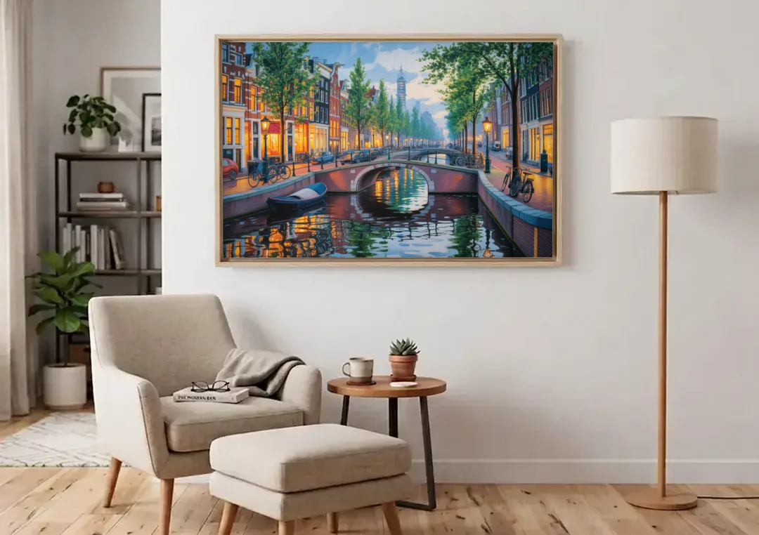 Canals of Amsterdam canvas wall art above an armchair in a bright living room