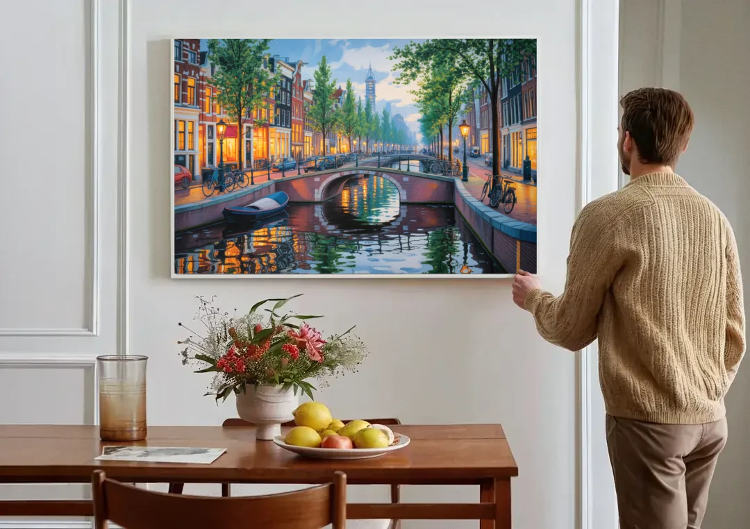 Canals of Amsterdam canvas wall art above a dining table