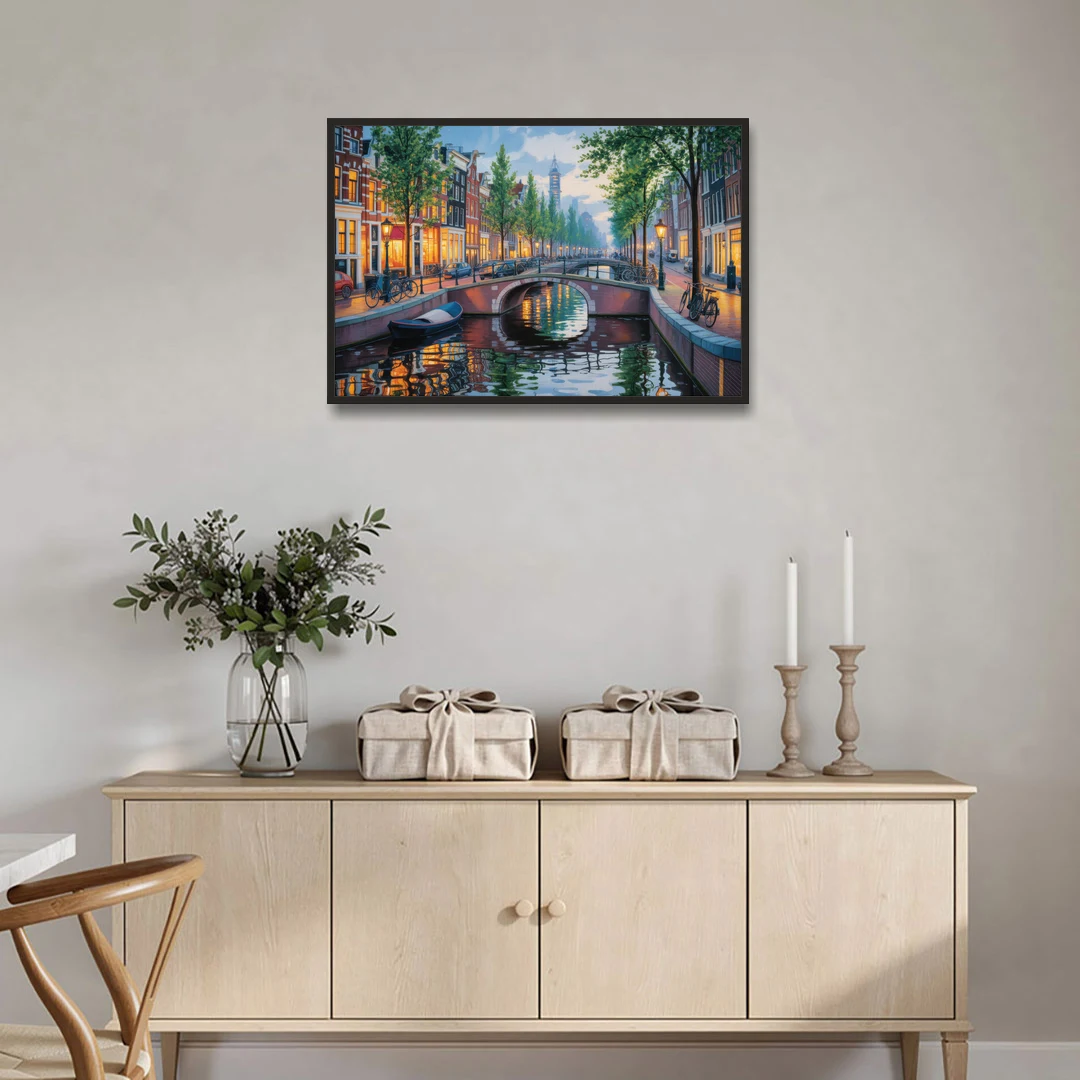 Canals of Amsterdam - Black Framed Canvas Wall Art - Coffee Table - 36x24
