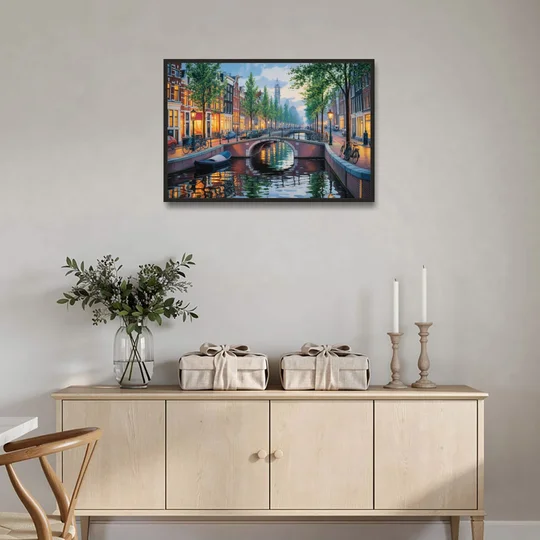 Canals of Amsterdam - Black Framed Canvas Wall Art - Coffee Table - 36x24