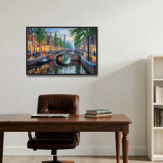 Canals of Amsterdam - Black Framed Canvas Wall Art - Office - 36x24