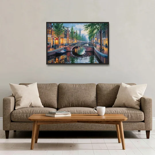 Canals of Amsterdam - Black Framed Canvas Wall Art - Sofa - 36x24