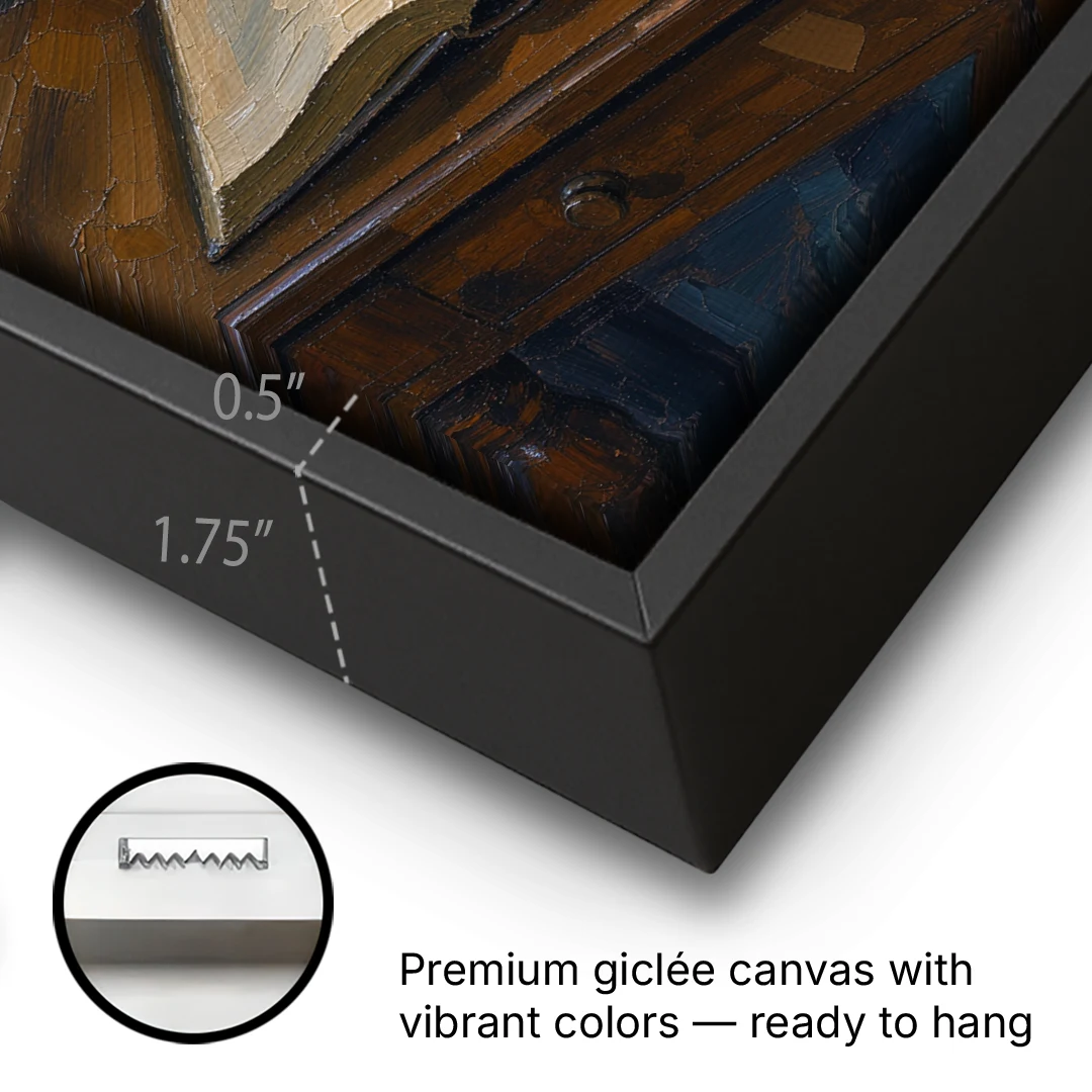 Candlelight Painting of a Writing Desk at Dusk - Black Framed Canvas Wall Art - Gallery Wrap Corner