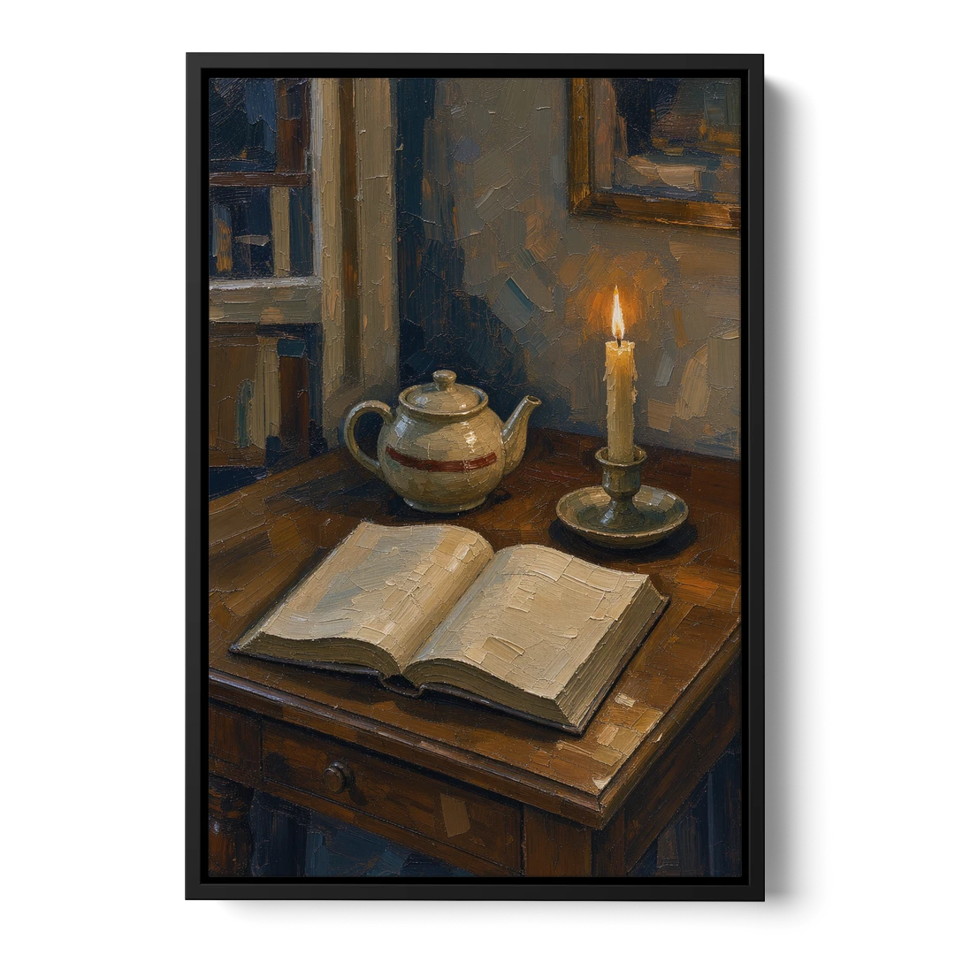 Candlelight Painting of a Writing Desk at Dusk - Black Framed Canvas Wall Art - Front