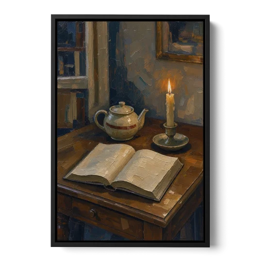 Candlelight Painting of a Writing Desk at Dusk - Black Framed Canvas Wall Art - Front