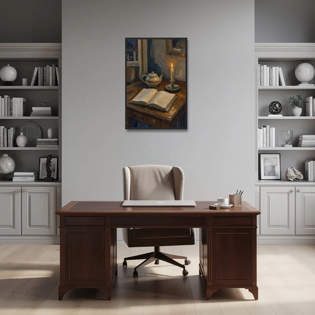 Candlelight Painting of a Writing Desk at Dusk - Black Framed Canvas Wall Art - Office - 24x36