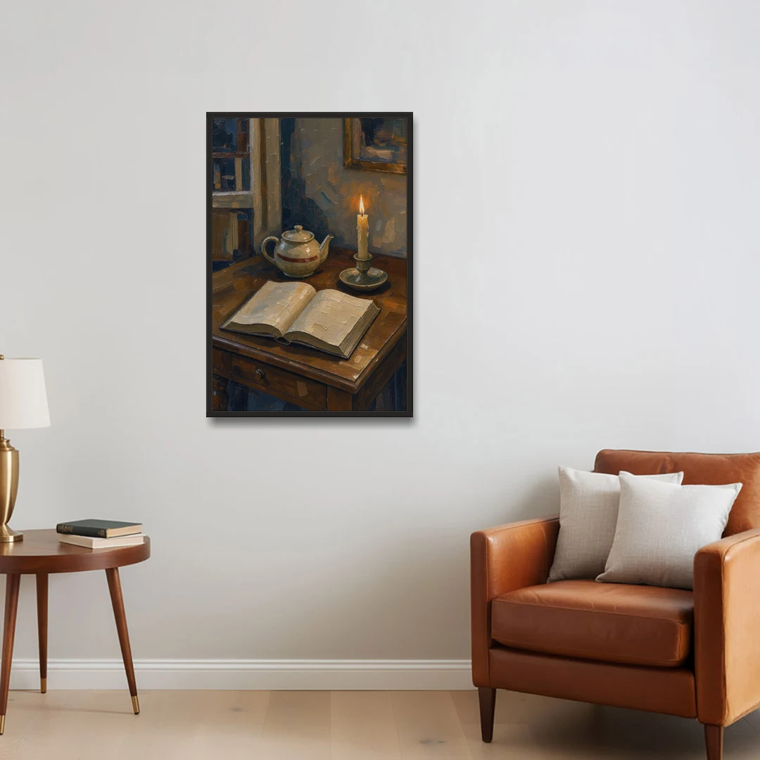 Candlelight Painting of a Writing Desk at Dusk - Black Framed Canvas Wall Art - Sofa - 24x36
