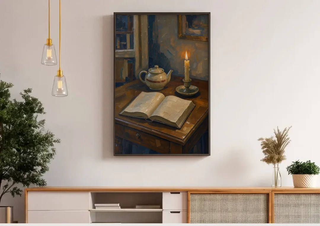 Candlelight Painting of a Writing Desk at Dusk canvas wall art above a wooden sideboard under pendant lights