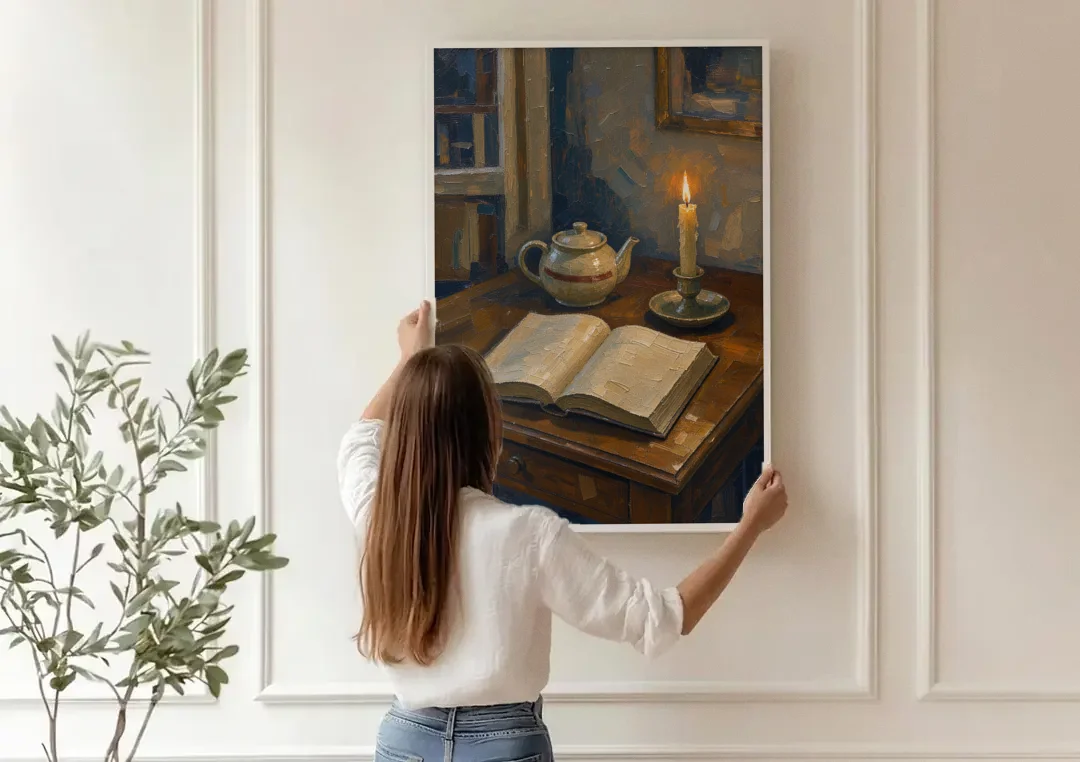 Candlelight Painting of a Writing Desk at Dusk canvas wall art being hung on a paneled wall
