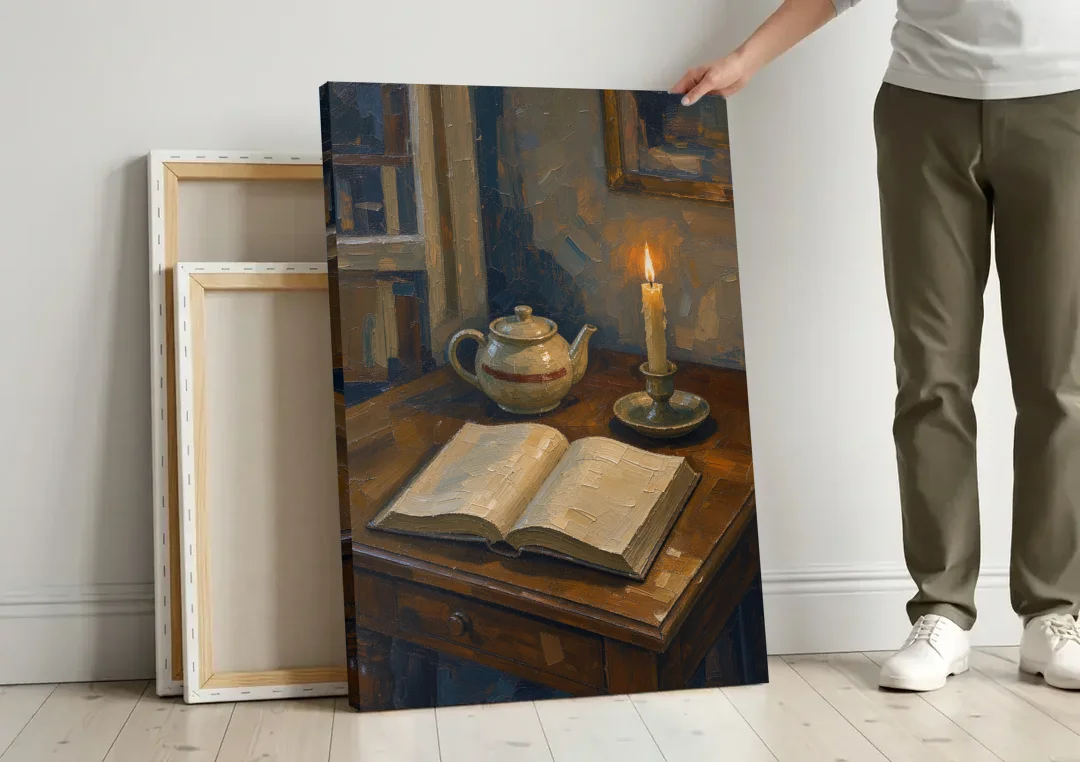 Candlelight Painting of a Writing Desk at Dusk canvas wall art leaning against a wall next to blank canvases