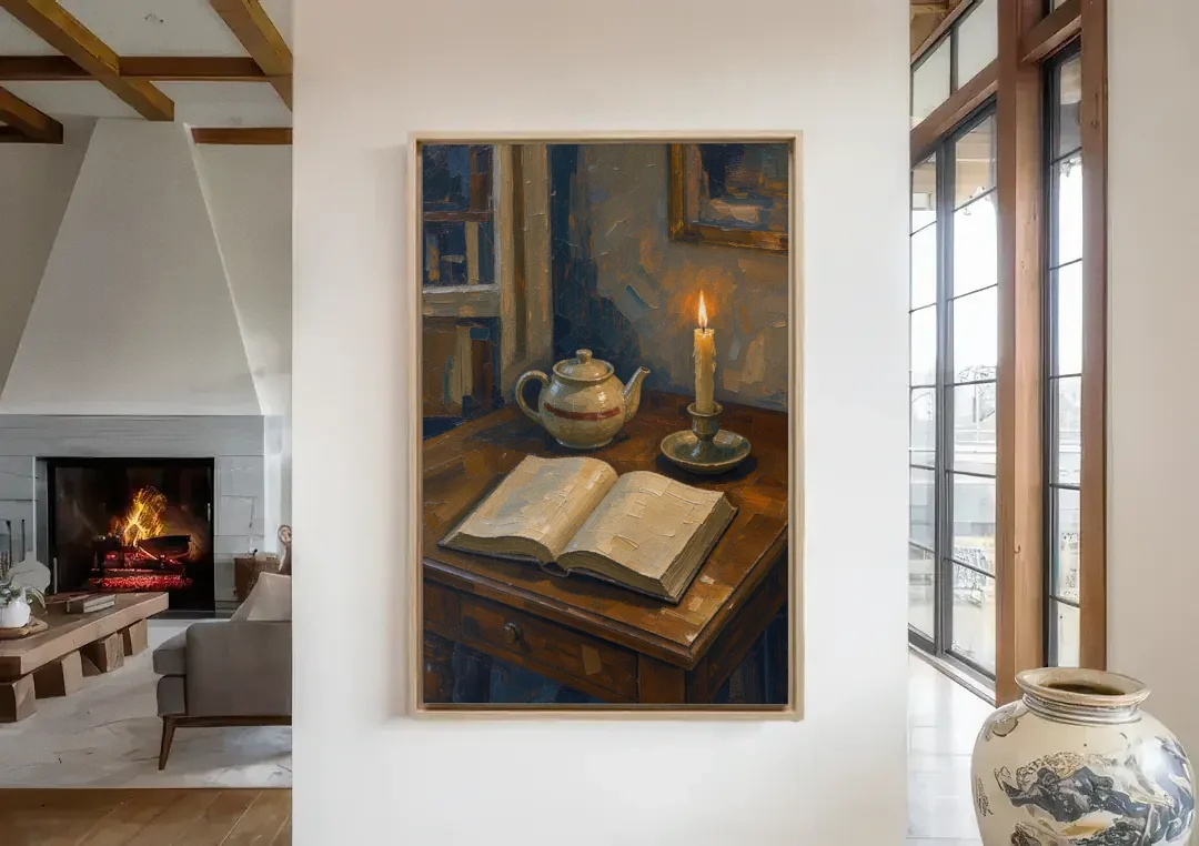 Candlelight Painting of a Writing Desk at Dusk canvas wall art in a living room with a fireplace