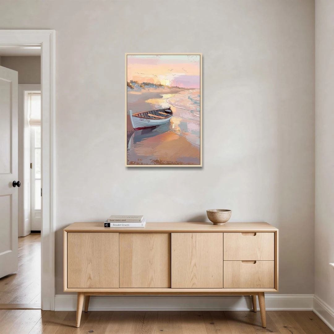 Cape May Beach Sunrise - Oak Framed Canvas Wall Art - Coffee Table - 24x36