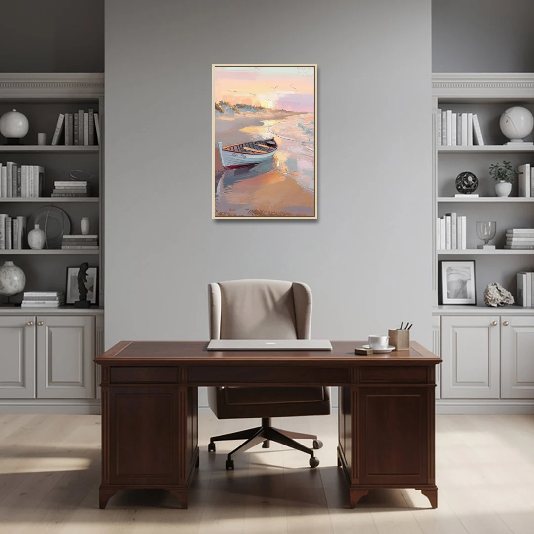 Cape May Beach Sunrise - Oak Framed Canvas Wall Art - Office - 24x36