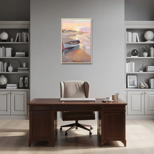 Cape May Beach Sunrise - Oak Framed Canvas Wall Art - Office - 24x36