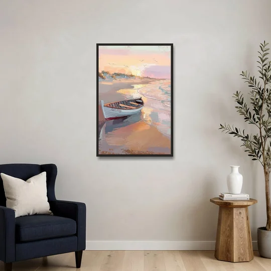 Cape May Beach Sunrise - Black Framed Canvas Wall Art - Sofa - 24x36