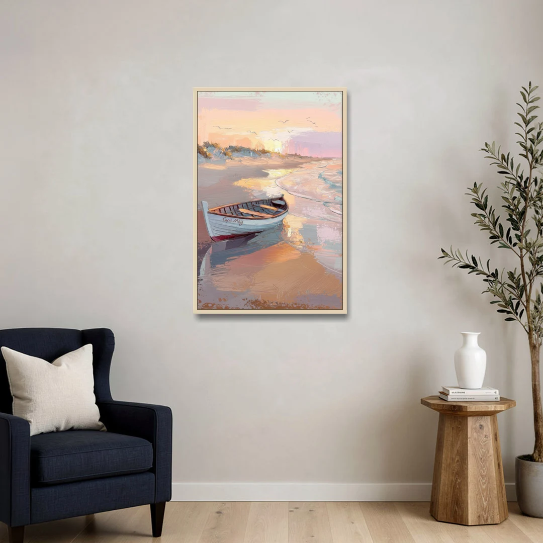 Cape May Beach Sunrise - Oak Framed Canvas Wall Art - Sofa - 24x36