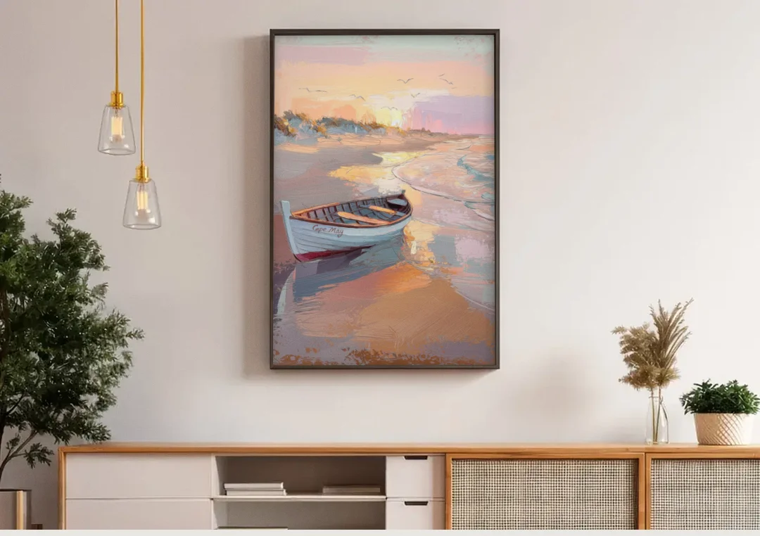 Cape May Beach Sunrise canvas wall art above a wooden sideboard under pendant lights
