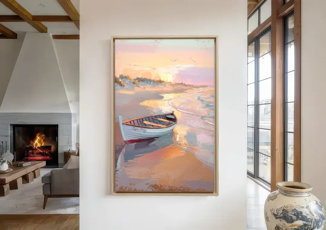 Cape May Beach Sunrise canvas wall art in a living room with a fireplace
