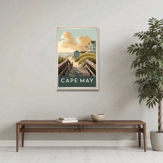Cape May Boardwalk Views - Oak Framed Canvas Wall Art - Coffee Table - 24x36