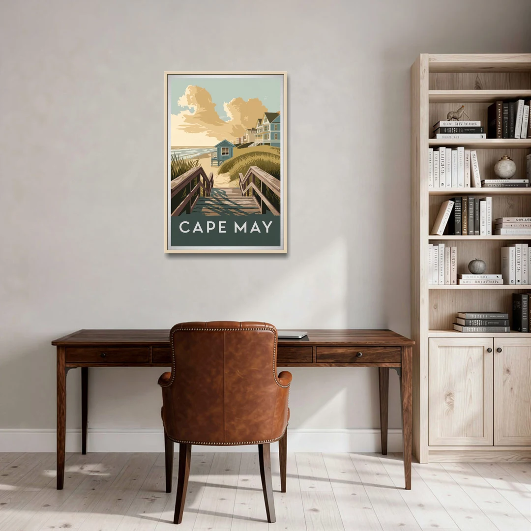 Cape May Boardwalk Views - Oak Framed Canvas Wall Art - Office - 24x36