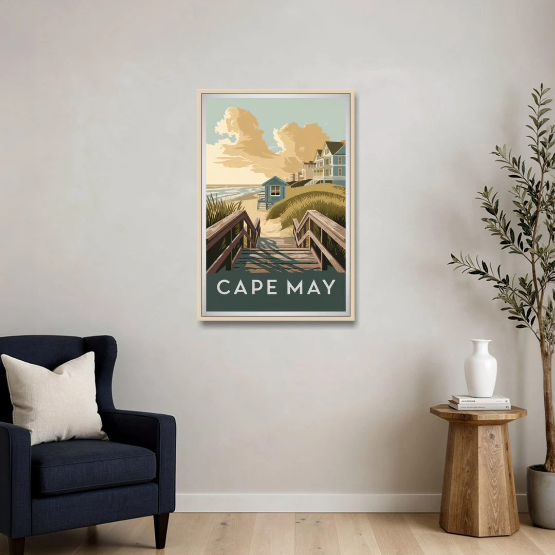 Cape May Boardwalk Views - Oak Framed Canvas Wall Art - Sofa - 24x36