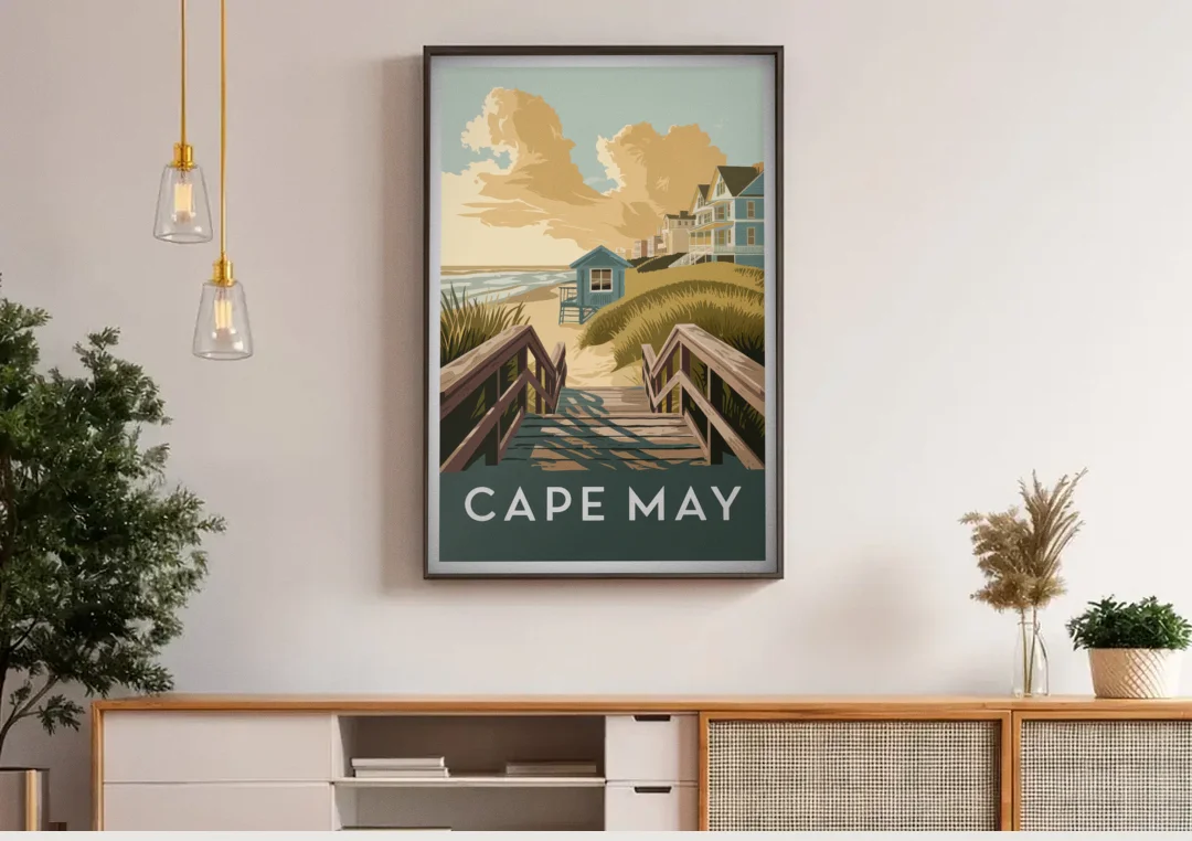 Cape May Boardwalk Views canvas wall art above a wooden sideboard under pendant lights