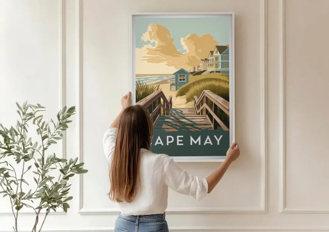 Cape May Boardwalk Views canvas wall art being hung on a paneled wall