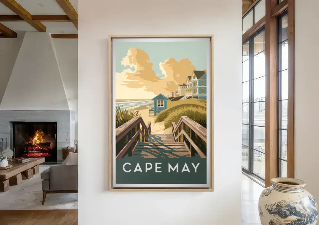 Cape May Boardwalk Views canvas wall art in a living room with a fireplace